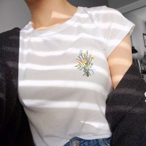 Brandy Melville Cotton Tee Embroidery Flowers